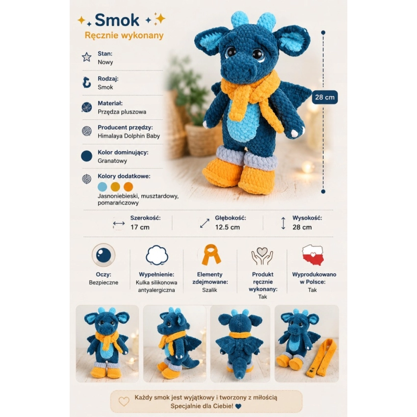 Ręcznie szydełkowany pluszowy smok 28 cm Handmade prezent Amigurumi