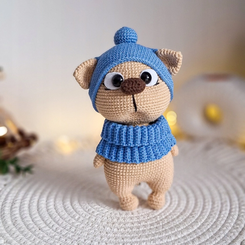 Szydełkowy kot 20 cm maskotka handmade czapka i komin zdejmowane